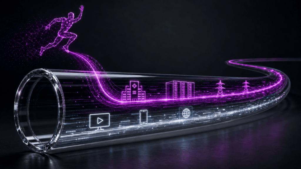 Ilustracja wygenerowana przez AI. Wizualizacja integracji systemu dystrybucji kluczy kwantowych z istniejącą infrastrukturą transportową. Strumień kwantowy QKD (oznaczony kolorem fioletowym) współdzieli standardowe włókno światłowodowe z klasycznym ruchem danych o wysokiej przepustowości.